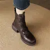 Versão em couro bovino~Botas de tornozelo com plataforma tamanho pequeno femininas retrô Velcro Chelsea botas justas faixa elástica Botas Martin