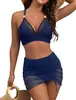 Traje de baño de malla sexy fruncido de cintura alta de color liso, nuevo estilo europeo y americano, traje de baño de moda para mujer