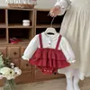 Macacão para Bebês e Crianças Pequenas, Estilo Coreano para Primavera e Outono, Macacão Vestido com Jardineira Falso de Duas Peças para Bebês Meninas