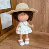 [Solo Ropa] Ropa para Muñeco de Papa Español de 24 cm Algodón Lazo Verde Vestido Blanco Conjunto de Sombrero de Paja con Piedras