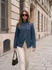 Suministro Especial Transfronterizo 2026 Chaqueta con Cuello Alto y Hebilla Asimétrica para Mujer Decoración con Hebilla Dorada Chaqueta Casual Azul Marino