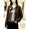 Colección Otoño 2026: Top de punto gris suave, calado, para mujer, corte holgado, versátil, con detalles de encaje y cinta