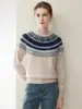 Suéter Jacquard Fair Isle 100% Caxemira Pura para Mulheres, Gola Alta Meia-Estação de Tricô Solto, Estilo Casual Vintage