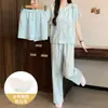 Pijama de Algodão Nuvem de Verão para Mulheres Primavera 2026 Novo Conjunto de Três Peças de Manga Curta com Bojos Cardigã em Forma de Coração Roupa de Casa Fina
