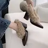 Zapatos de Piel de Vaca con Pelo y Bordes Abiertos 2025 Invierno Punta Fina Zapatos Slip-On Forrados de Felpa para Mujer Tacón Grueso Cálidos Zapatos Pequeños de Cuero de Tacón Alto