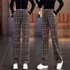 Pantalones de cuadros personalizados con cordón, pierna ancha, para mujer, otoño 2026, cintura alta, cintura elástica, cuadros vintage, corte recto, fluidos, casual