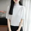 Estilo Elegante Patrón de Bambú Cuello Semi Alto Manga Corta Tejido de Punto para Mujer Primavera y Verano Nuevo Estilo Estilo Occidental Camiseta Interior Camiseta de Manga Corta Top
