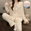 Pijamas de Primavera y Otoño para Mujer Tejido Crepé Manga Larga Cuello de Muñeca Cárdigan Almohadilla de Pecho Fija Casual Lindo Suelto Ropa para el Hogar