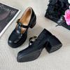Zapatos de mujer Mary Jane negros de punta redonda con plataforma y aumento de altura 2025 nuevos de tacón grueso retro franceses de una sola capa versátiles zapatos pequeños de cuero