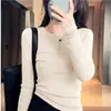 Camiseta básica de lã fina com gola redonda, estilo francês, caimento justo, para outono e inverno, suéter de tricô fino com gola baixa