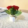Tres Rosas de Helado con Lazos de Cuerda de Cáñamo, Estilo Nórdico Decoración Pequeña en Maceta de Flor Artificial y Planta Verde para Escritorio del Hogar