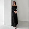 Vestido de Punto Khaki Estilo Francés para Mujer, Nuevo Estilo Primavera 2026, Hombros Descubiertos, Ceñido a la Cintura, Vestido Largo Línea A para Mujer