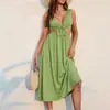 Marca Independiente Verano 2025 Nuevo Vestido Sexy de Cuello Halter Estilo Europeo y Americano con Cintura Descubierta, Atado, Color Sólido, Falda Amplia, Vestido de Dama de Honor
