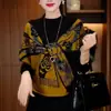 Elegante Suéter de Punto Jacquard de Manga Larga para Mujer 2025 Otoño/Invierno Holgado Adelgazante Elegante con Pedrería Suéter Tipo Top Mamá para Mujer