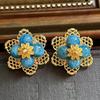 Brincos de flor cinza de fósforo azul de pedra natural vintage retro antigo tecido à mão cobre banhado a ouro sem orelhas