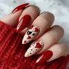Unhas Vestíveis para o Dia dos Namorados, Comprimento Médio, Formato Amêndoa, Bolinhas de Coração Vermelho, Adesivos Simples de Unhas Postiças Removíveis