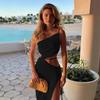 2024 Vestido de Mujer de Tirantes con Cuello Inclinado de Venta Caliente Europeo y Americano Vestido Europeo y Americano Sexy con Cordones Cut Out Falda Larga con Abertura