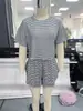 Em Estoque Transfronteiriço Primavera/Verão 2026 Europeu e Americano Outono Pijama Listrado de Tricô Conjunto Solto de Manga Curta com Shorts Roupa de Casa para Mulheres