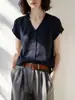 Camisa vintage roja de cuello en V con pliegues y manga corta para mujer, camisa ligera de verano de lujo de alta gama para ir al trabajo, top holgado y elegante