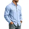 Sitio web independiente transfronterizo: Camisa de lino para hombre de color liso para otoño con cuello mandarín, estilo casual de trabajo, con bolsillos y diseño de abertura completa