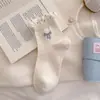 Calcetines Cortos Bordados con Lazo y Lunares, Puño de Burbuja, para Mujer, Estilo Suave de Color Claro, Calcetines de Tubo Corto Finos para Niñas