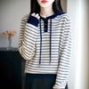 Sudadera con Capucha Rayada de Tres Botones 100% Lana Estilo Deportivo Retro Suéter de Punto con Capucha Chaqueta Casual Suelta de Otoño e Invierno