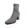 Botines ajustados de gamuza para mujer, botines cortos elásticos, nuevas botas de tacón alto grueso de punta cuadrada estilo coreano para otoño/invierno, botas elásticas, botines sencillos, talla 40