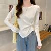 2026 Nova T-shirt de Manga Longa com Design Irregular Estilo Coreano para Mulheres, Top Único para Estudantes, Camiseta Básica Feminina