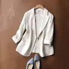 2025 Primavera y Otoño Nuevo Talla Grande Moda Holgado Color Sólido Algodón Lino Manga Tres Cuartos Blazer Chaqueta de Traje para Mujer Lujo Ligero