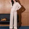 Traje de Suéter Holgado Estilo Perezoso con Cuello Alto para Mujer Otoño e Invierno Nueva Moda Cierre Holgado Suave Ceroso Tejido Pantalón de Pierna Ancha Set de Dos Piezas