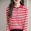 Nova Cor Color Block Outono Listrado Manga Longa Feminino Fio de Algodão Emagrecedor Top Malha Camiseta Transfronteiriço Gola POLO Suéter Solto