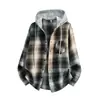 Camisa longa de manga comprida solta com capuz xadrez masculina retrô casual versátil jaqueta top estilo simples moderno slim