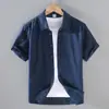 9048 Camisa de Lino de Manga Corta de Verano para Hombre Camisa Casual de Algodón y Lino con Cuello Cuadrado para Hombre Top de Lino de Color Sólido de Media Manga