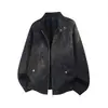 Jaqueta Masculina de Couro PU Patchwork 3D Desgastado Estilo Retrô Han Lu Outono Marca Tendência Gola Alta Americana Jaqueta de Motociclista