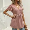 2023 Amazon suministro transfronterizo Europeo y Americano Ropa de casa malla color liso cuello en V corsé manga corta vestido camisa para mujer