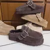 Novidade de Inverno Sandálias Birkenstock de Couro Genuíno com Solado Grosso para Mulheres Fivela de Metal Forradas com Pelúcia Quentes Bico Fechado Sandálias de Pelo para Uso Externo