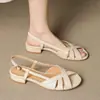 Versión de Cuero Suave~Sandalias Francesas de Punta Abierta para Mujer Verano 2026 Tacón Grueso Punta Redonda Correas Cruzadas Suela Suave Cómodas para los Pies para Usar con Faldas