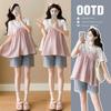 Foto real en stock Nuevo Verano para Mujeres Embarazadas Suelto Adelgazante Moda Combinable Dulce Reductor de Edad Top de Mamá a la Moda
