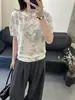 Camiseta de punto de lino de bambú de alta gama estilo francés de manga corta para mujer, Verano 2026, Delgada y transpirable, Cuello redondo, Estampada, Top holgado de manga media