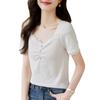 Camisa de Punto Blanca de Manga Corta para Mujer Estilo Verano 2026 con Cuello de Encaje y Top Rayado de Ajuste Delgado Plisado