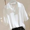 Camisa de Seda Gelo de Manga Curta Cor Sólida para Mulheres, Fina e de Caimento Solto, Tamanho Grande, Design com Gola Polo, Top Casual com Visual Elegante e Profissional