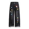 Jeans de Pierna Ancha Rectos Sueltos Estilo Calle Americano con Estampado de Cachorro Graffiti Lavado Desgastado y Borde Crudo para Mujer 2025 Nuevos