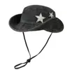 Sombrero de Pescador de Mezclilla Lavada con Estrella de Cinco Puntas para Mujer, Visera de Protección Solar de Verano, Estilo Campamento al Aire Libre para Parejas, Sombrero de Montañismo con Botón