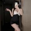 Camisola Sexy com Suspenseio para Mulheres, Estilo Pura Luxúria, Pijama com Costura em Cor Contrastante, Decote em V Profundo Tentador, Saia com Suspenseio Doce e Picante para Mulheres