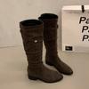 Botas Caqui Altas Hasta la Rodilla de Caña Alta Botas de Montar para Mujer Nuevas de Otoño e Invierno Fruncidas Adelgazantes Botas Largas