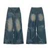 Jiamu Entra em Cena para Provar Jeans Baggy Americano Retrô Pregueado Reto Calças Paraquedistas Jeans Masculino Unissex Homens