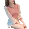 Top de gola redonda com miçangas doce e suave para mulheres, roupa de primavera, slim fit, estilo ocidental, manga de chiffon, costura, suéter de manga comprida