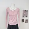 Top de punto de manga larga con cuello Henley retro de otoño en el hombro derecho, doble capa, puños enrollados, camiseta base ajustada 9265