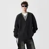 Suéter de punto grueso estilo americano, de dos piezas falso, con cuello en V para hombre, nuevo top de punto casual retro holgado de otoño e invierno
