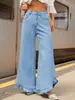 Jeans de mujer estilo europeo y americano, lavado claro, dobladillo con volantes, cintura alta, cintura elástica, efecto adelgazante, piernas anchas acampanadas caídas